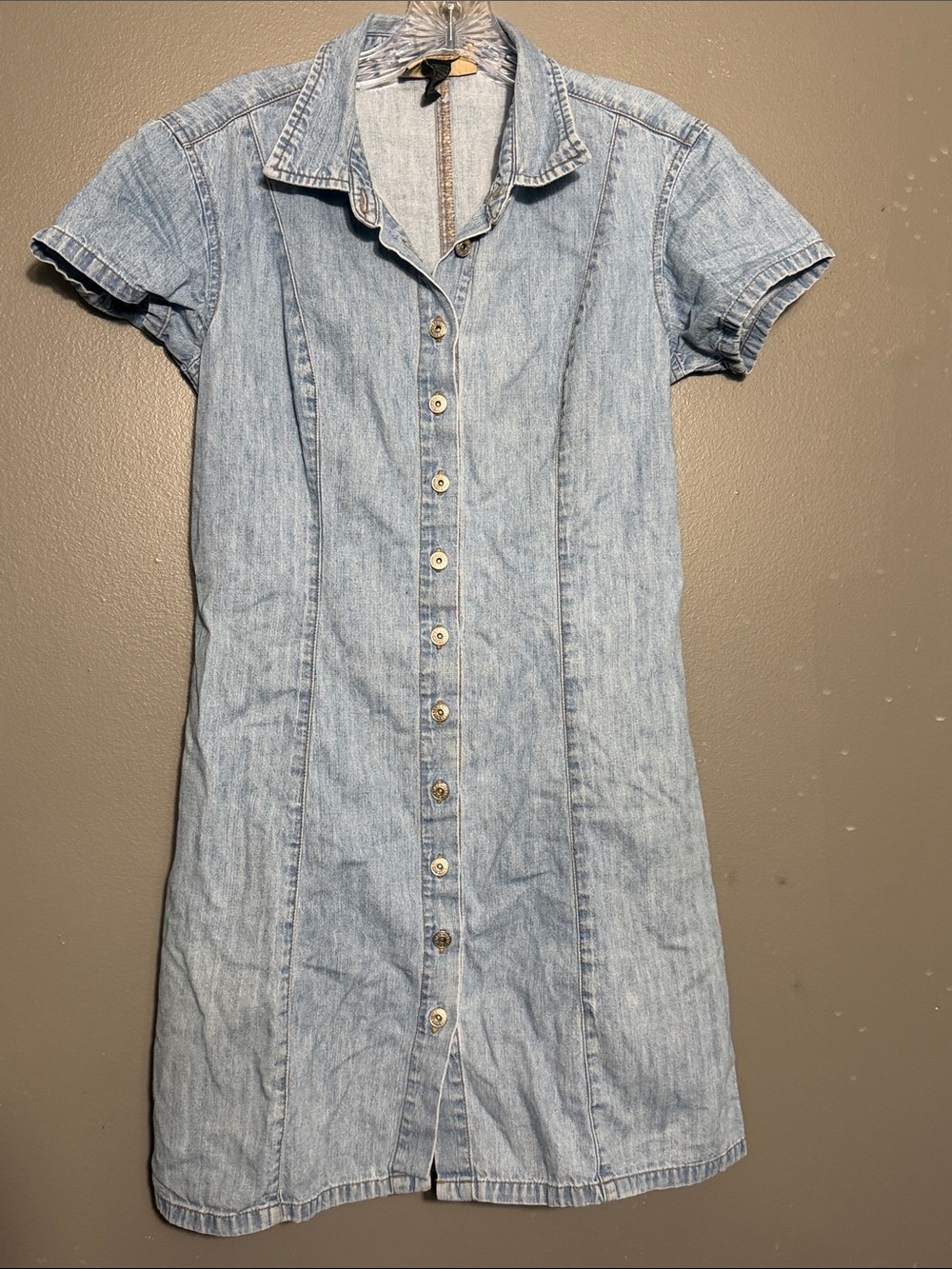VTG 90s EXP Express Denim Mini Dress British Hong Kong Y2K Grunge Light Wash